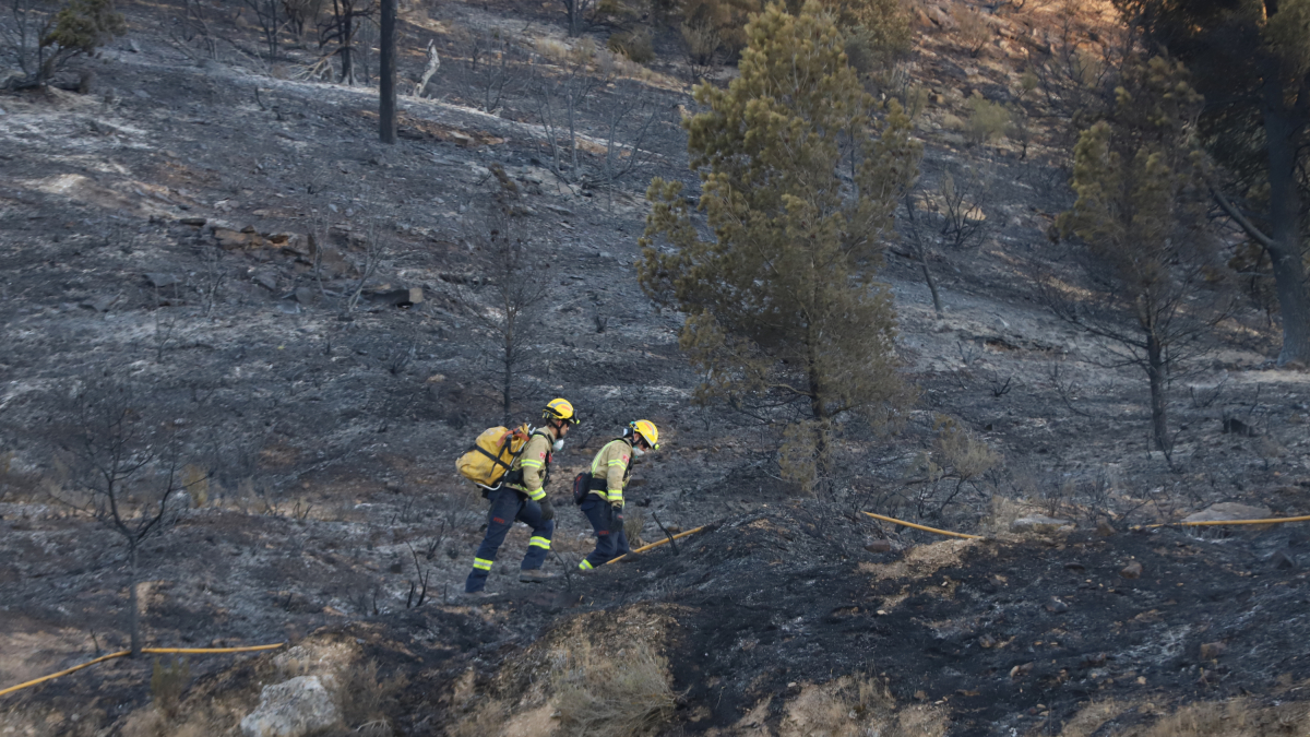 Una parella de bombers inspecciona el terreny calcinat pel foc a Mequinensa, ahir