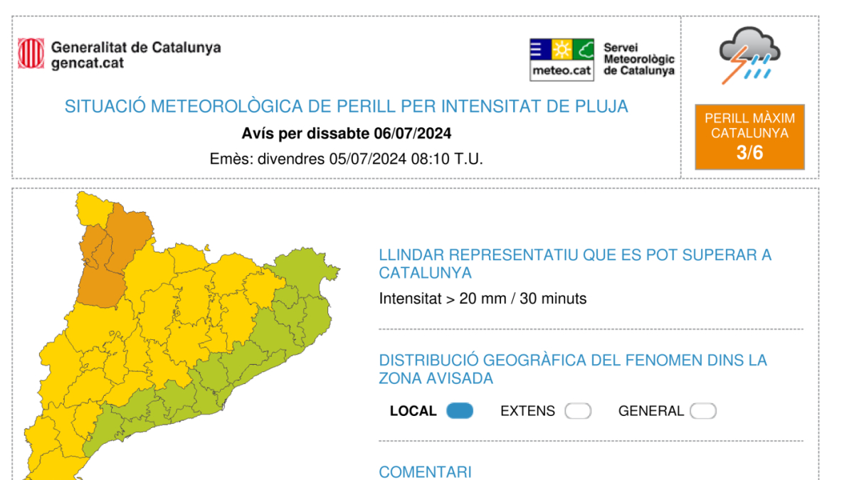 Mapa de previsión de lluvias para el sábado por la tarde.