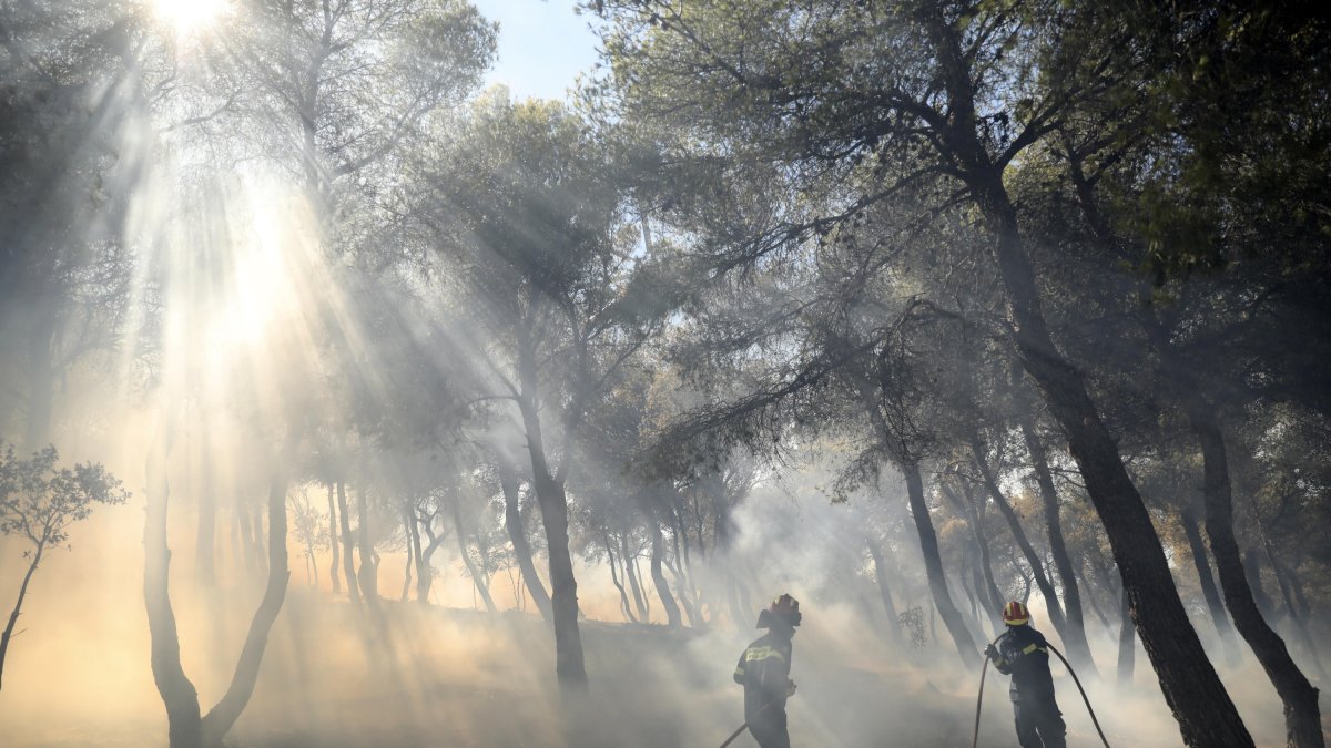 Los bomberos intentan extinguir un incendio forestal en Patima Halandri, un suburbio de Atenas (Grecia).