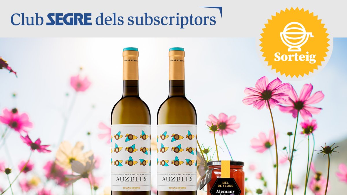 Sorteo de lotes que incluyen dos botellas de vino blanco Auzells de Tomàs Cusiné y un bote de miel de flores de Alemany.