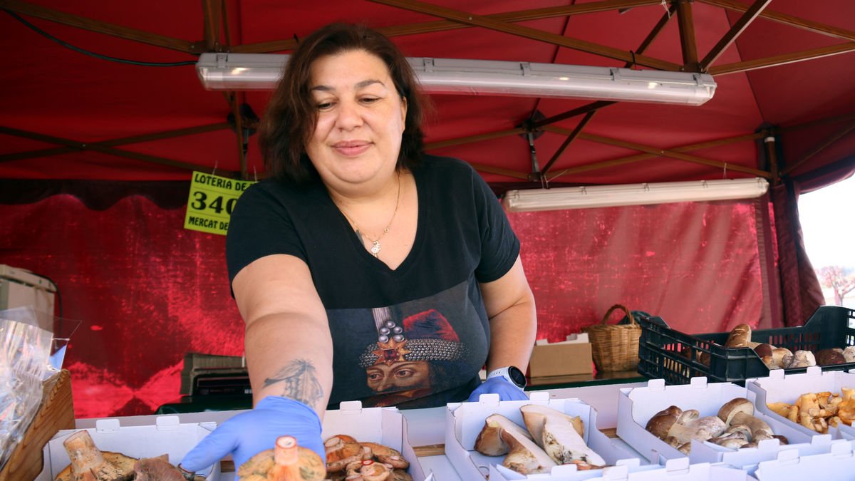 Una vendedora muestra un níscalo en un mercado del Berguedà. - ACN