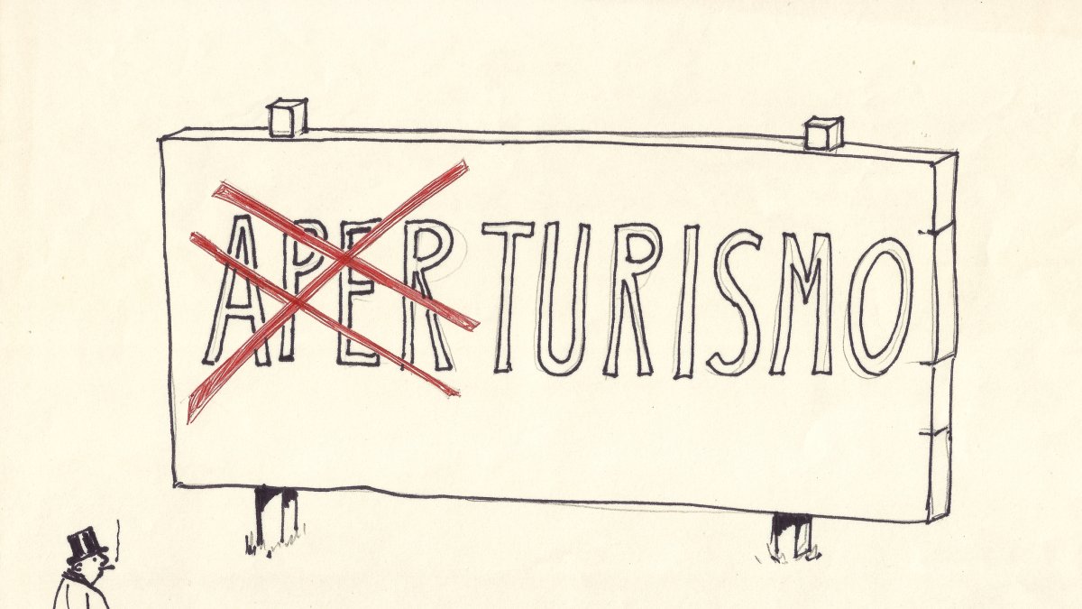 Hipocresia. Joc de paraules al voltant de la suposada obertura política del tardofranquisme a través del turisme.