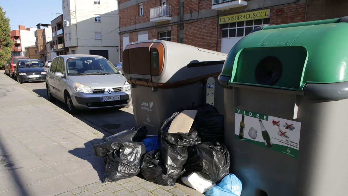 Bolsas de basura junto a 2 contenedores en una calle de Pardinyes. - SEGRE