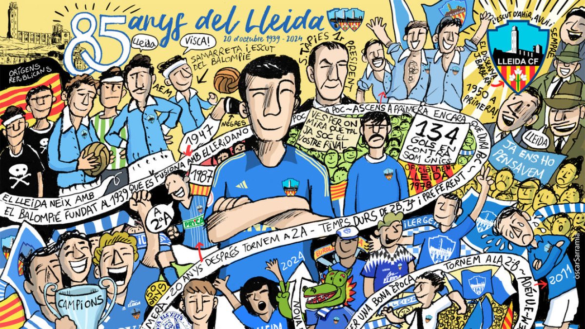 Lámina en la que el ilustrador leridano refleja diversos momentos de los 85 años de historia del club.