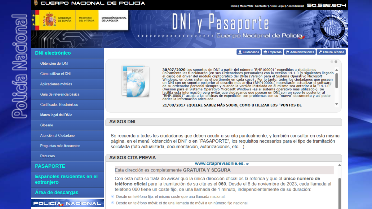 La página de renovación del DNI de la Policía Nacional