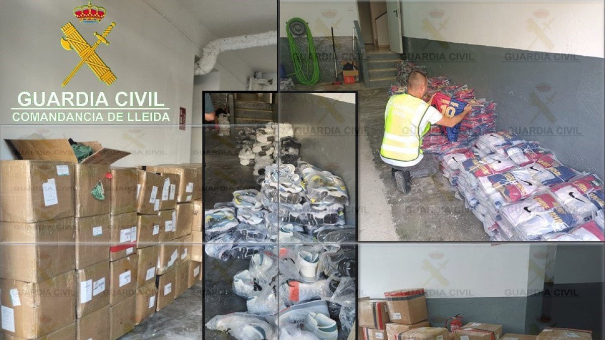 Imagen de los decomisos, entre ellos el de las camisetas del Barça con el nombre de Lamine Yamal. - GUARDIA CIVIL