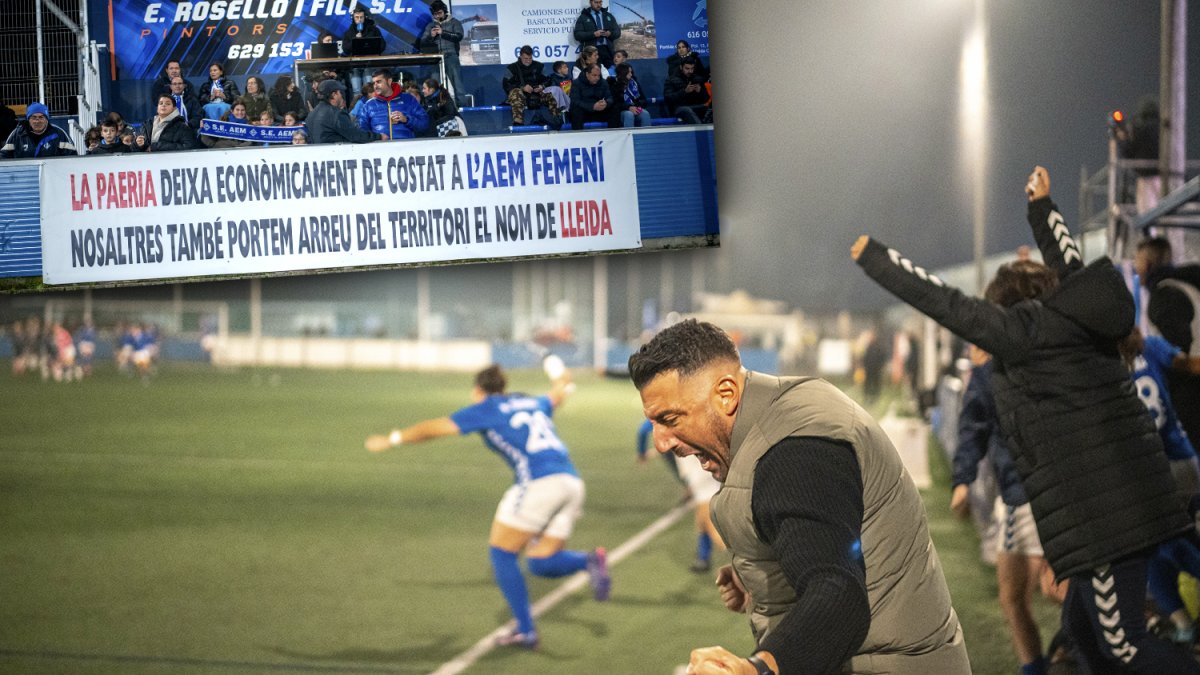 L'entrenador de l'AEM, Ruben López, celebrant la victòria contra l'Espanyol