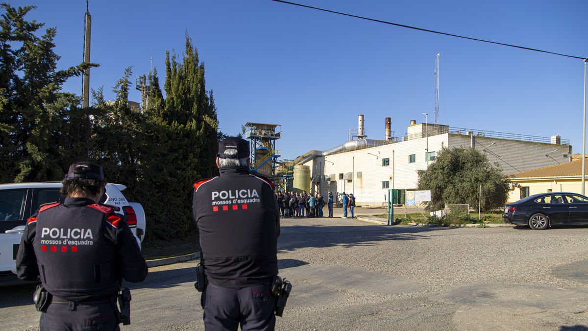 Dos agents dels Mossos d’Esquadra vigilen la concentració dels ramaders per demanar la continuïtat de Desimpacte de Purins. - JORDI ECHEVARRIA
