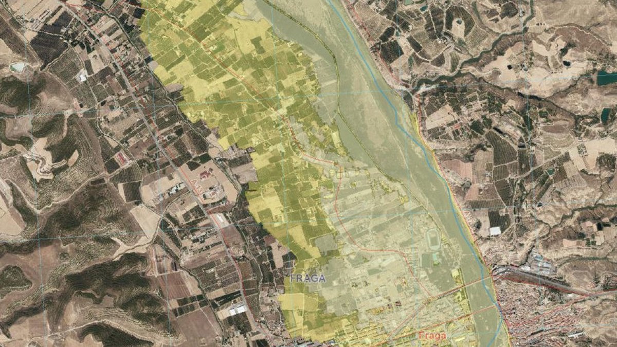 El mapa muestra la zona inundable del casco urbano de Fraga. - CHE