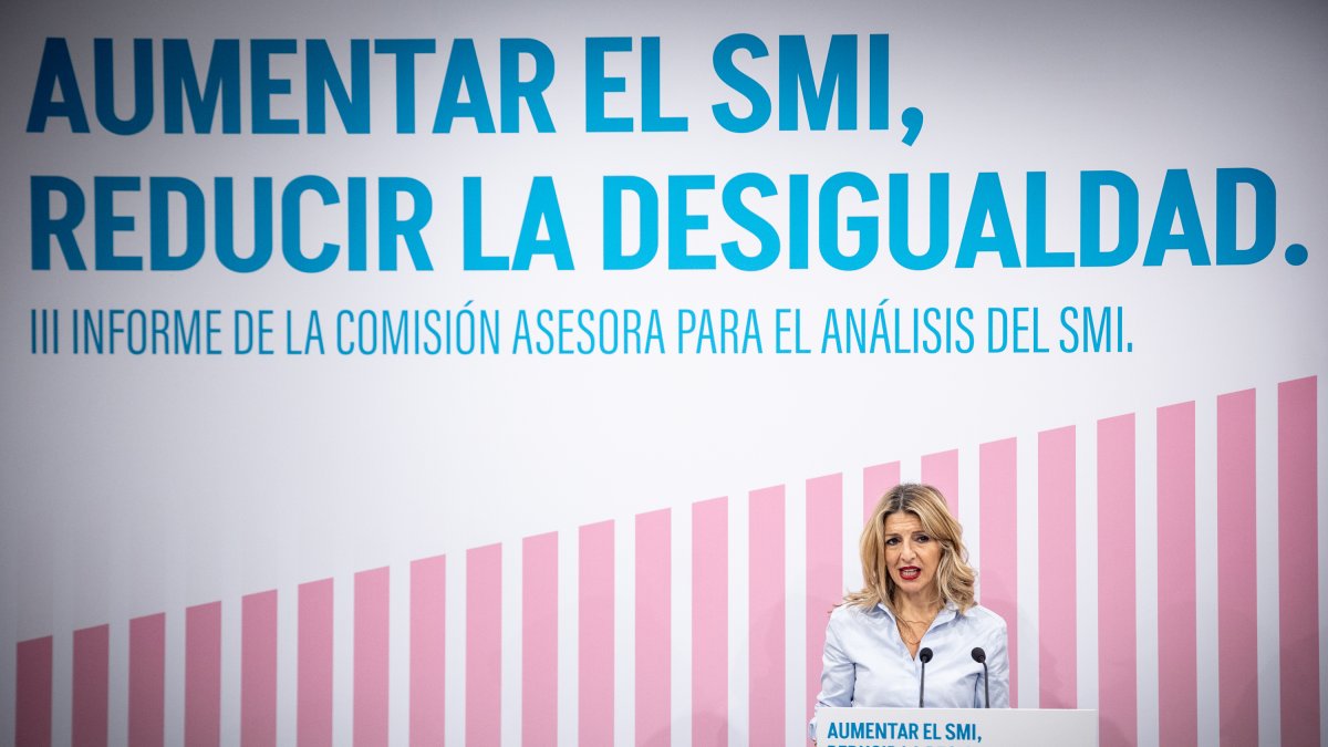 La vicepresidenta segona del govern espanyol, Yolanda Díaz, a l'acte de presentació de l'informe de la comissió d'experts sobre l'SMI.