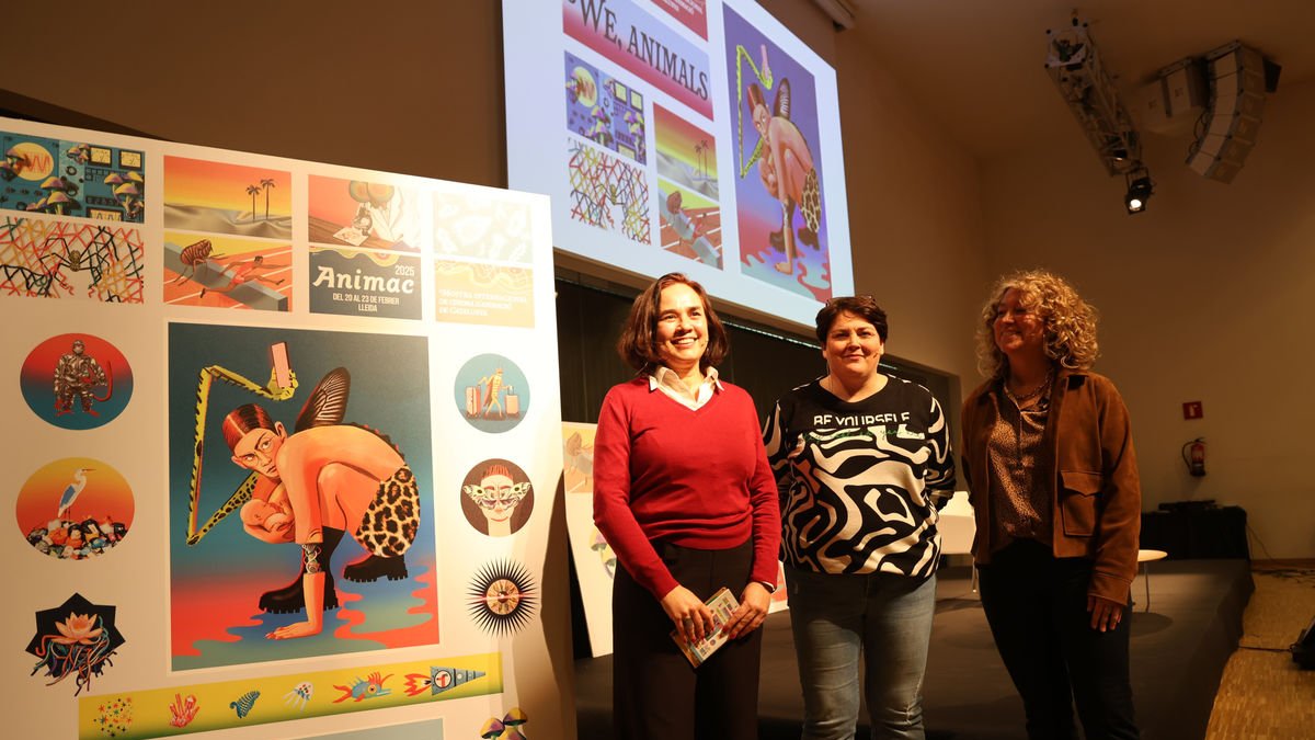 Carolina López, Estefania Rufach y Pilar Bosch, ayer en la Llotja en la presentación de Animac 2025. - AMADO FORROLLA