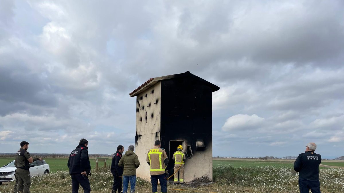 Bomberos y agentes rurales en una de las torres quemadas.