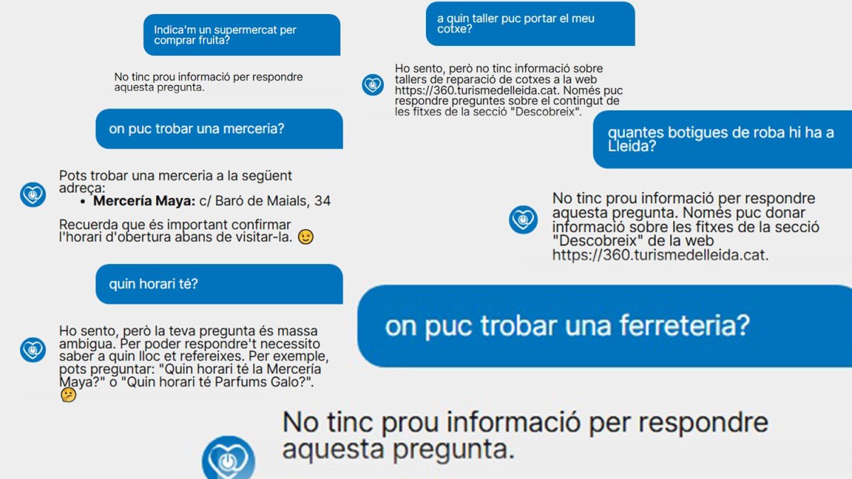 Capturas de pantalla de varias preguntas efectuadas al Chatbot 'Compra a Lleida'.