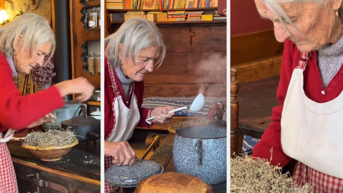 Angeleta Farré, cocinando la sopa de 'timonets'.
