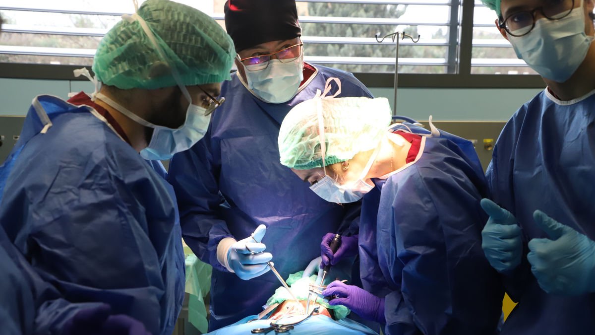 Especialistes en plena pràctica (a dalt) i l’equip d’especialistes en traumatologia i neurocirurgia. - MAGDALENA ALTISENT