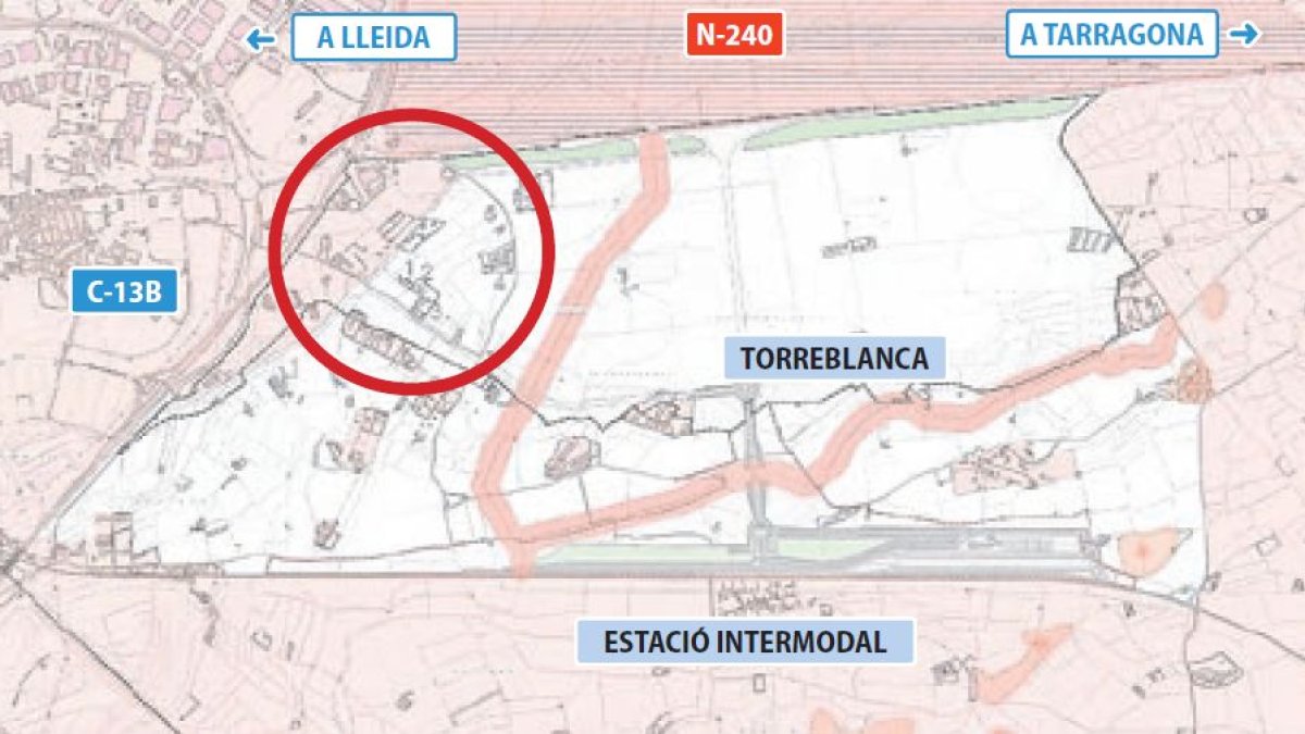 Mapa del polígon de Torreblanca en el qual es destaca les cinc cases que quedarien afectades.