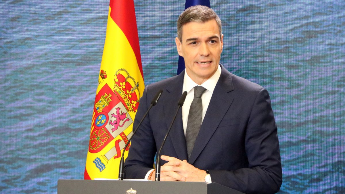 El president del govern espanyol, Pedro Sánchez, aquest dijous a la Moncloa en un acte amb sectors afectats pels aranzels.