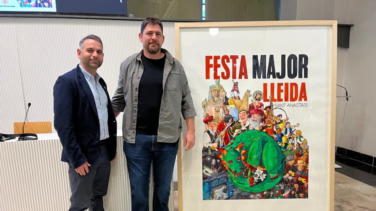 El regidor de Festes de la Paeria de Lleida, Xavi Blanco, ha presentat el cartell de la Festa Major acompanyat de l'autor, Oriol Caminal.