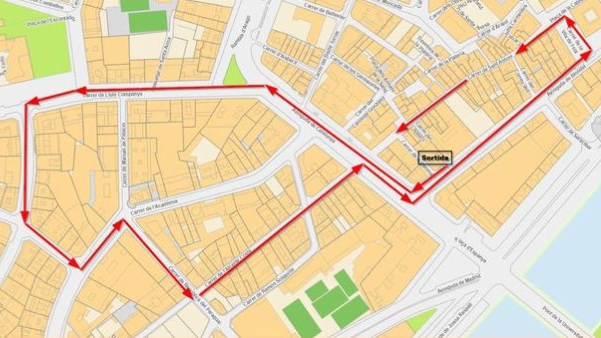 El recorrido de la procesión del Viernes Santo en Lleida.