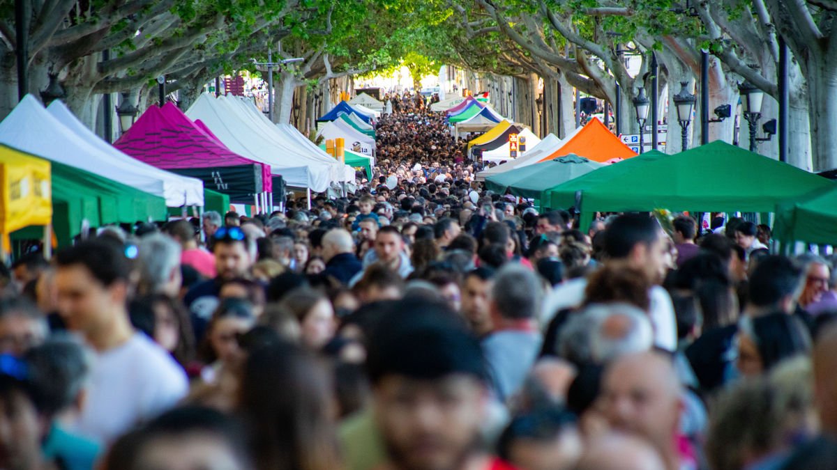 L’eix literari de Lleida, de l’avinguda Francesc Macià a la rambla Ferran, va viure ahir moments de presència multitudinària de públic. - AMADO FORROLLA