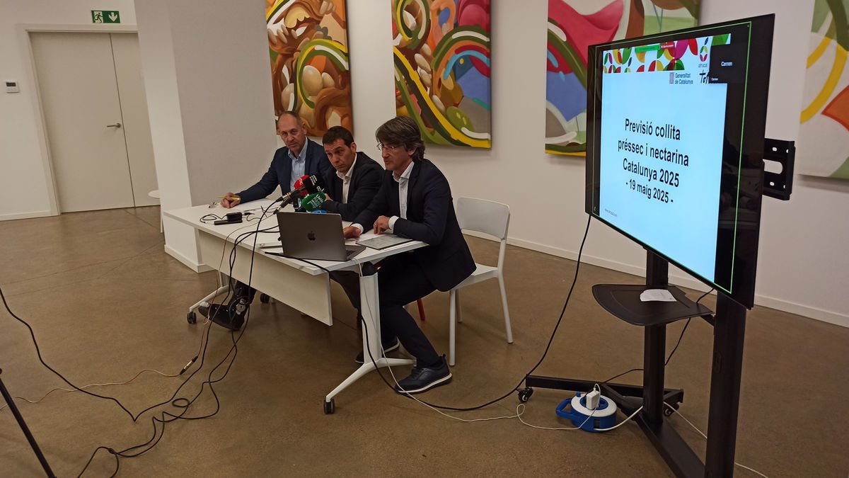 Un moment de la roda de premsa celebrada ahir a la seu d’Afrucat sobre previsions de collita. - J. MARTÍNEZ