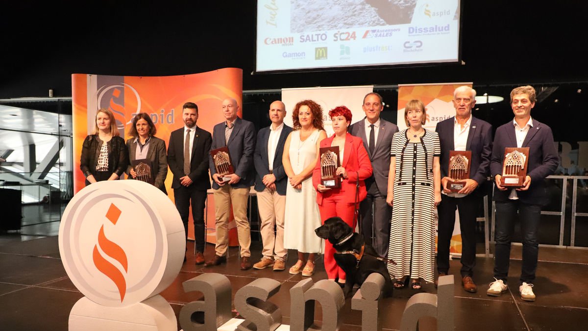 Tots els premiats, juntament amb la direcció d’Aspid, la consellera de Drets Socials i les autoritats locals, ahir a la Llotja de Lleida. - MAGDALENA ALTISENT