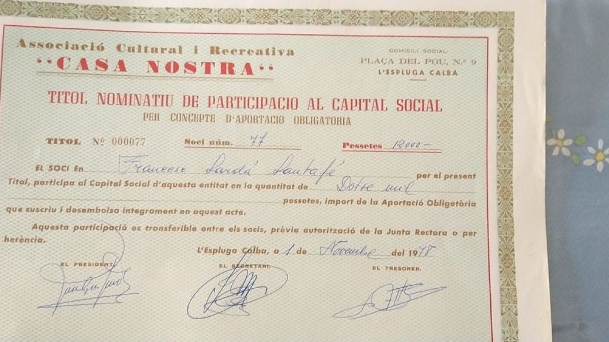 Uno de los títulos de participación que se expedían a los socios. - A.E.C