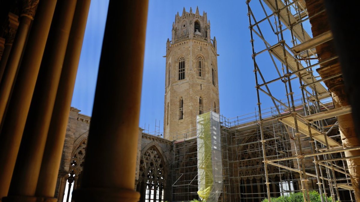 Vista ahir del claustre de la Seu Vella, ‘envaït’ per bastides per reparar dos de les cobertes.