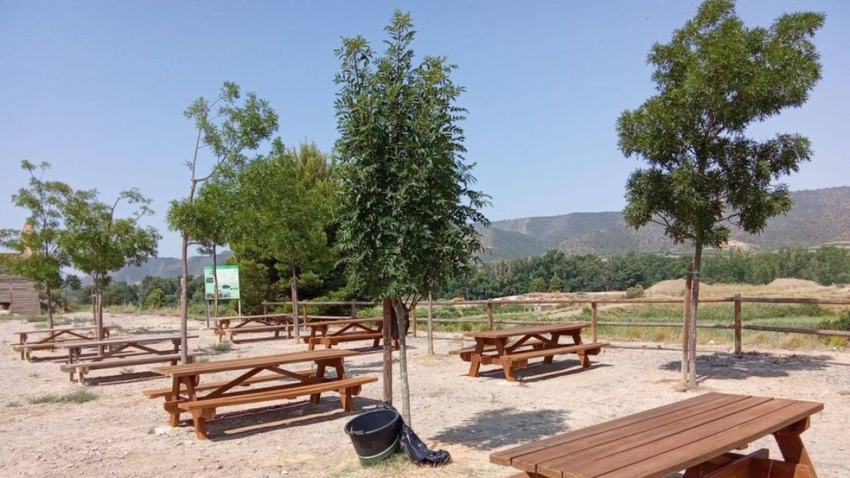 La zona de pícnic de l’aparcament d’autocaravanes de la Granja. - AJUNTAMENT DE LA GRANJA D’ESCARP