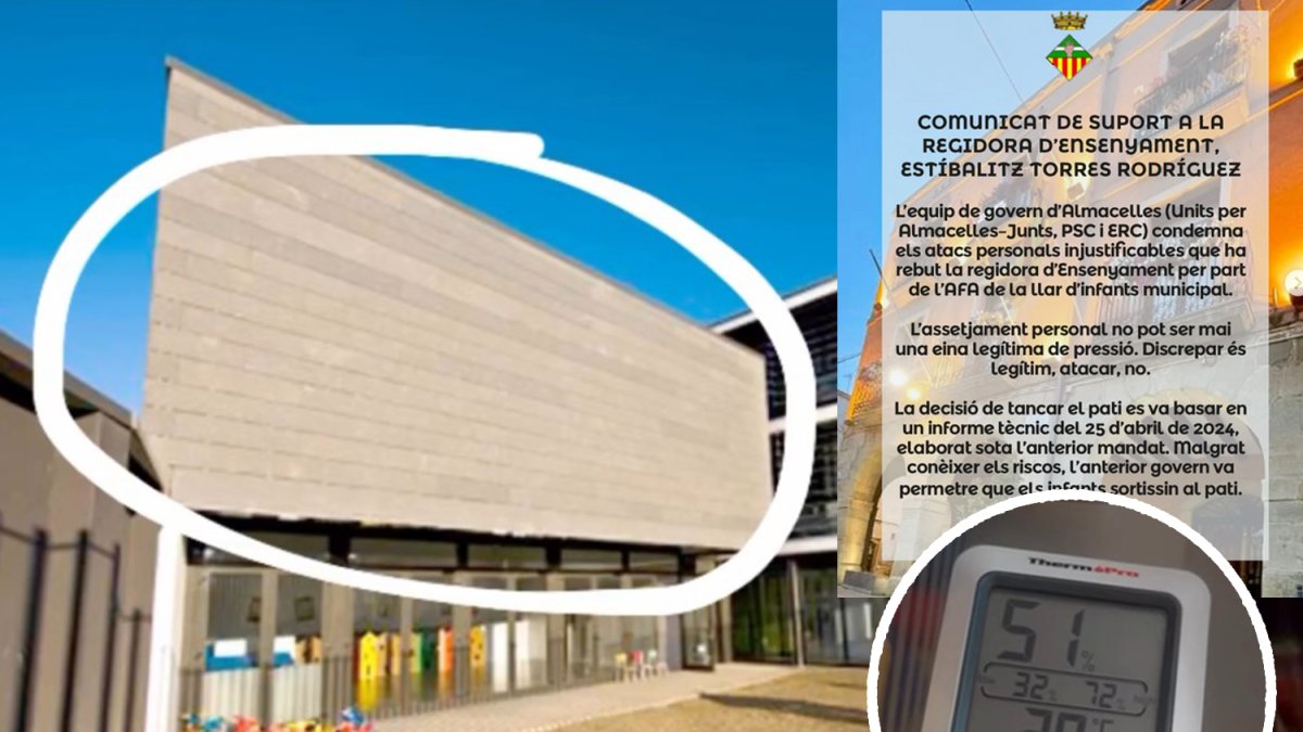 El patio de la guardería de Almacelles y la fachada, a la izquierda de la foto, de donde caen baldosas.
