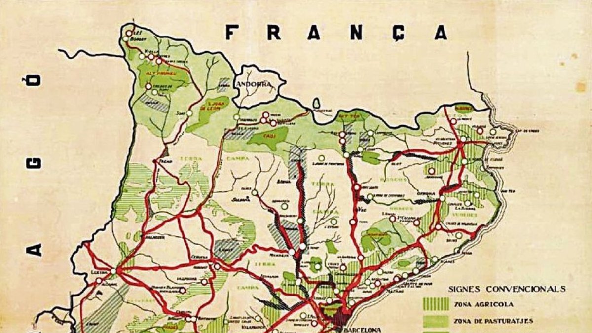 Per rail i per l’aire- El mapa dels projectes ferroviaris inclou la majoria de les actuals línies principals, mentre que el de les línies aèries ha quedat obsolet.