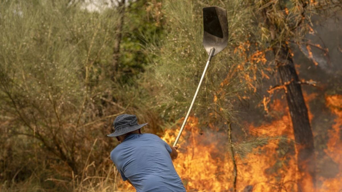 Un vecino trabaja en labores de extinción del incendio forestal de Cualedro (Ourense). - EFE/ BRAIS LORENZO