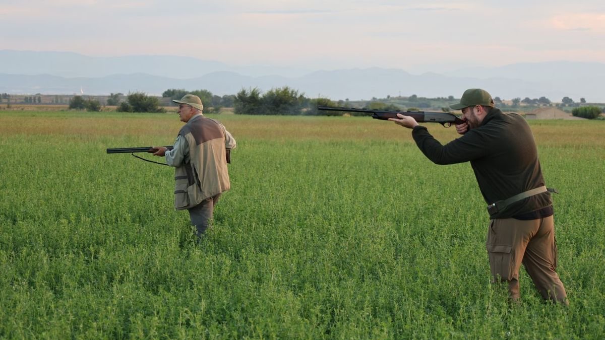 Dos cazadores en una finca de Bell-lloc en la primera jornada de la media veda de caza. - JOAN GÓMEZ