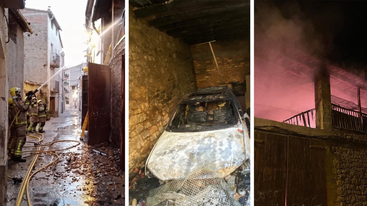Efectius dels Bombers durant les tasques d’extinció (esquerra) i els dos vehicles que es van calcinar (dreta).