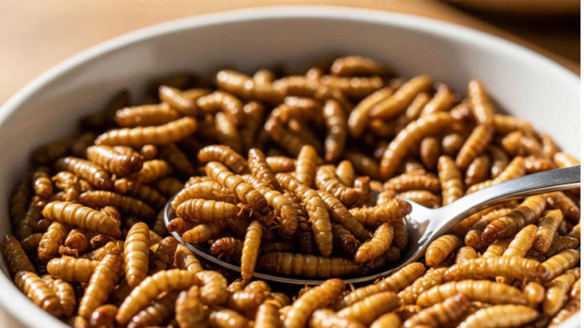Bol|Cuenco lleno de larvas de Tenebrio molitor.