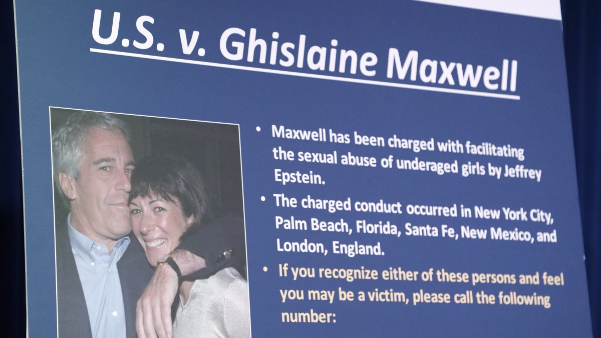 Fotografia d’arxiu de panells fotogràfics de Jeffrey Epstein i Ghislaine Maxwell.