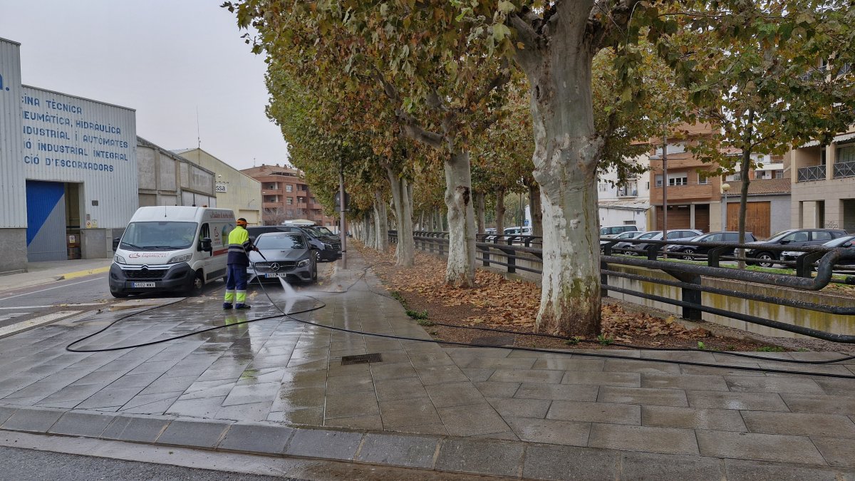 Un trabajador del ayuntamiento de Mollerussa limpia la calle del Canal.