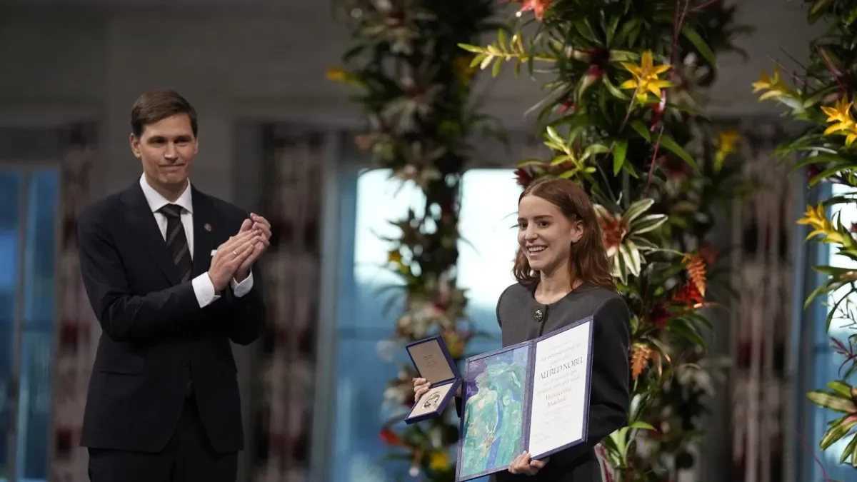 La filla de María Corina Machado va recollir el guardó en nom seu. - OLE BERG-RUSTEN / NTB / DPA