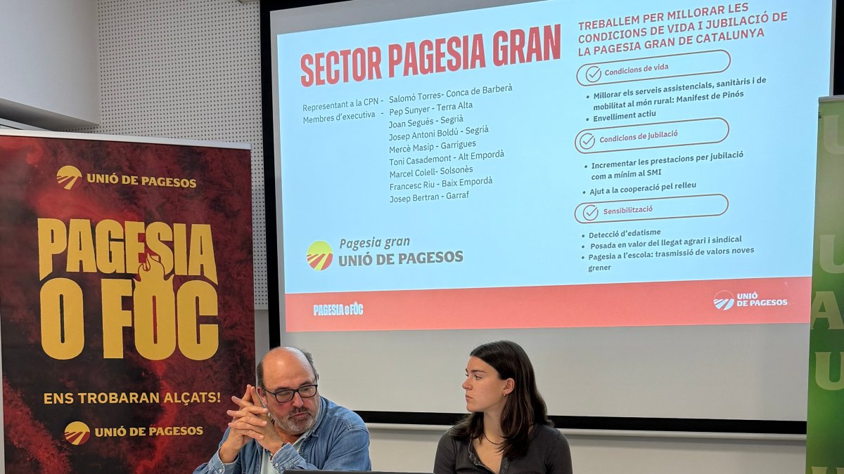 Salomó Torres i Laia Angrill, d'Unió de Pagesos a la roda de premsa a Lleida.