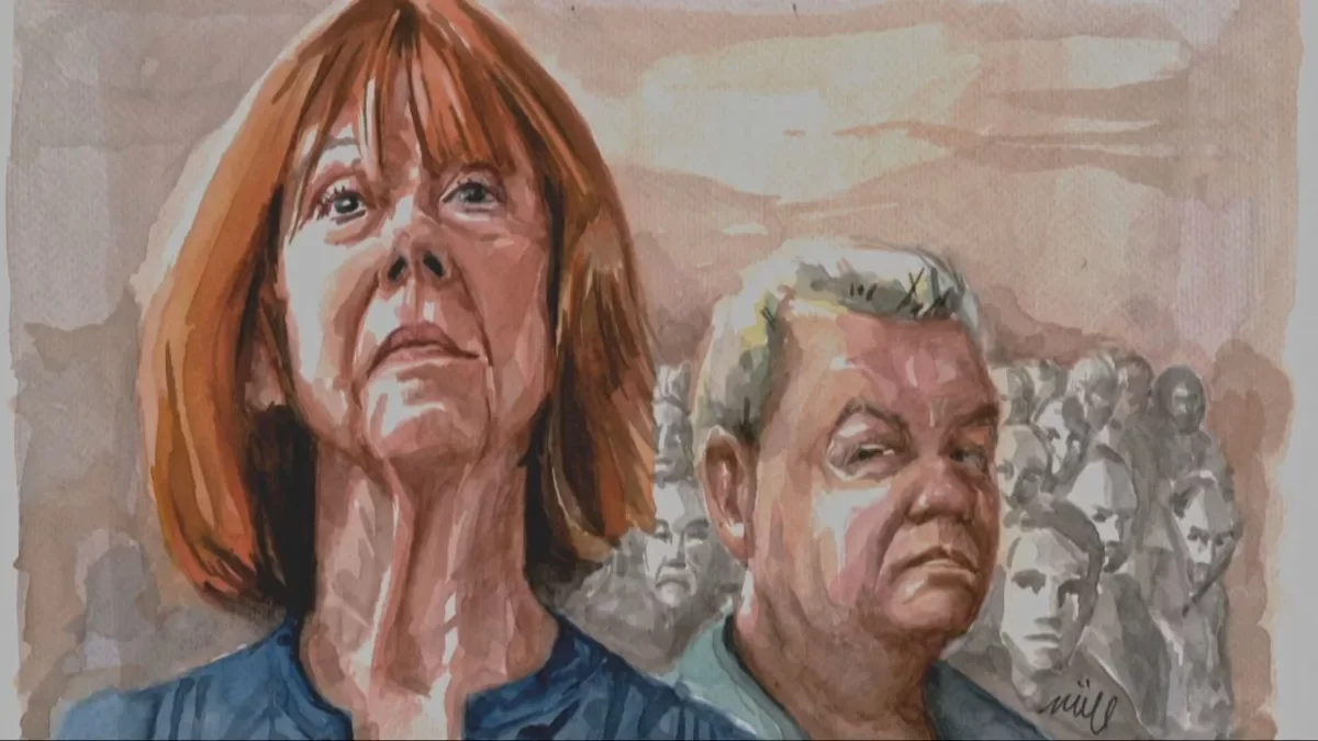 Dibujo de Gisèle Pelicot y su ahora exmarido durante el juicio. - RTVE