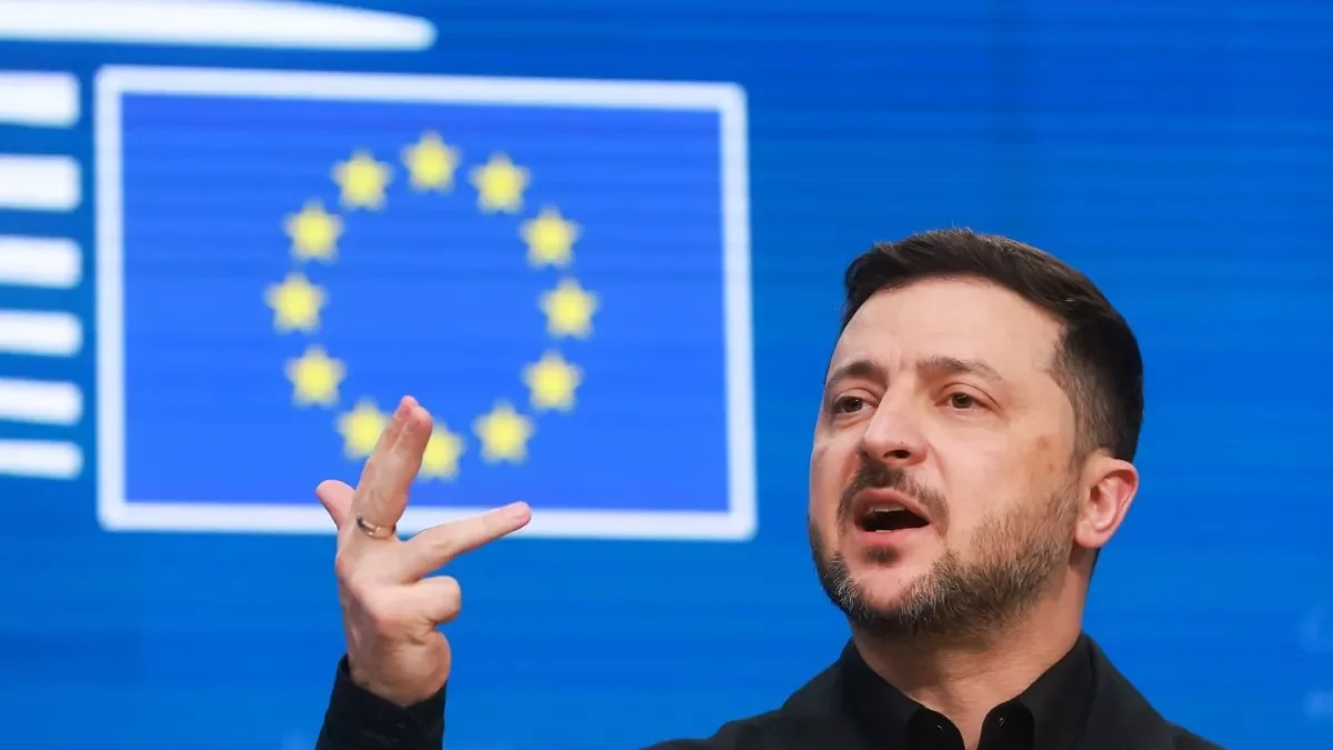 El president ucraïnès, Volodímir Zelenski, durant la seua intervenció a Brussel·les. - EFE