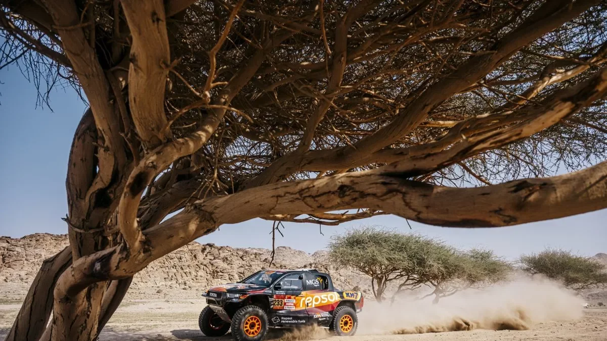 El coche de Isidre Esteve pasa junto a una acacia ayer durante la etapa del Dakar. - EDO PHOTO