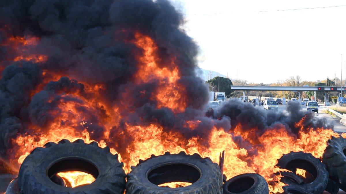 Crema de pneumàtics dels agricultors francesos, que tallen la A9 al sud de Perpignan (França) aquest dijous al matí, els quals són recolzats a Catalunya per agricultors locals, que tallen l’AP-7 entre Figueres i Vilademuls (Girona)
