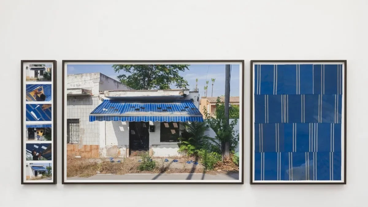 ‘Toldo masías’, de l’artista valencià Luce, amb fotos de l’acció sobre la lona (esquerra) i el puzle resultant amb els retalles (dreta). - FUNDACIÓ SORIGUÉ