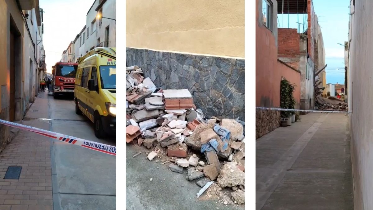 Els Bombers, treballant a l'esfondrament de la casa a Vilanova de Bellpuig