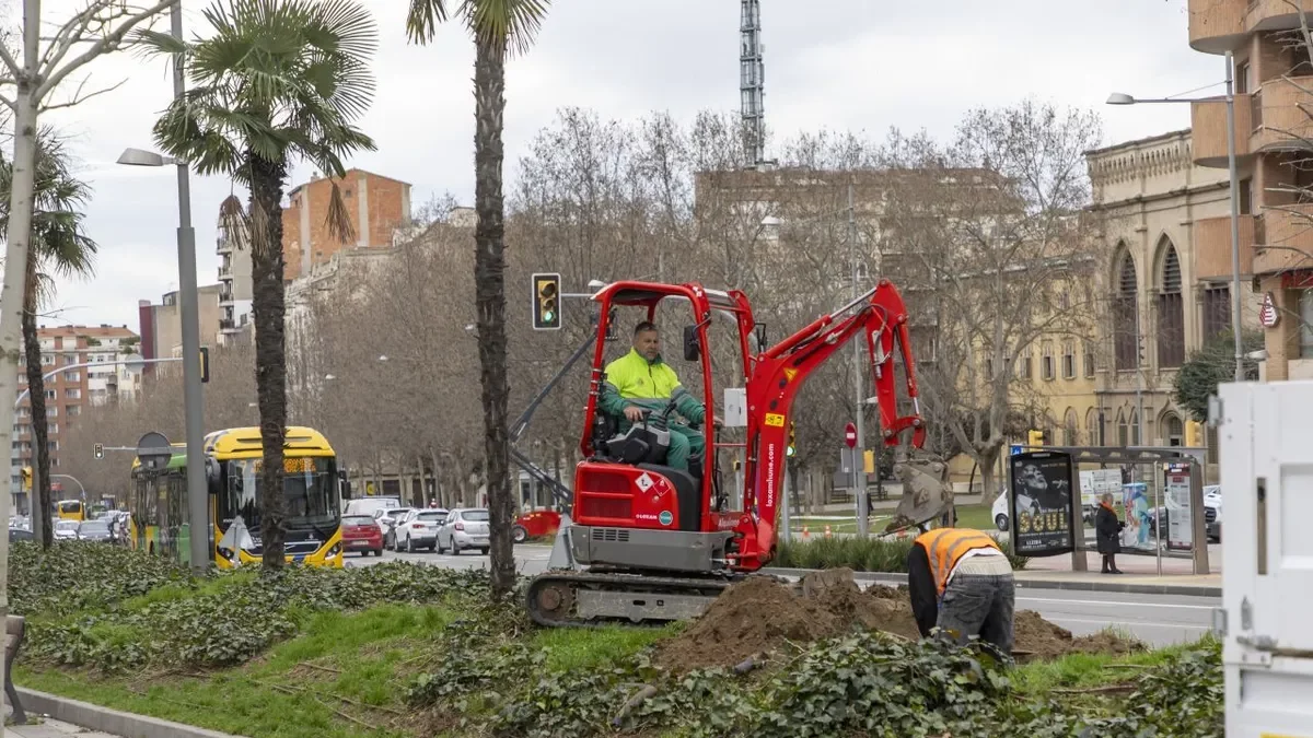 Imatge dels treballs de plantació ahir a la plaça Cervantes. - JORDI ECHEVARRIA