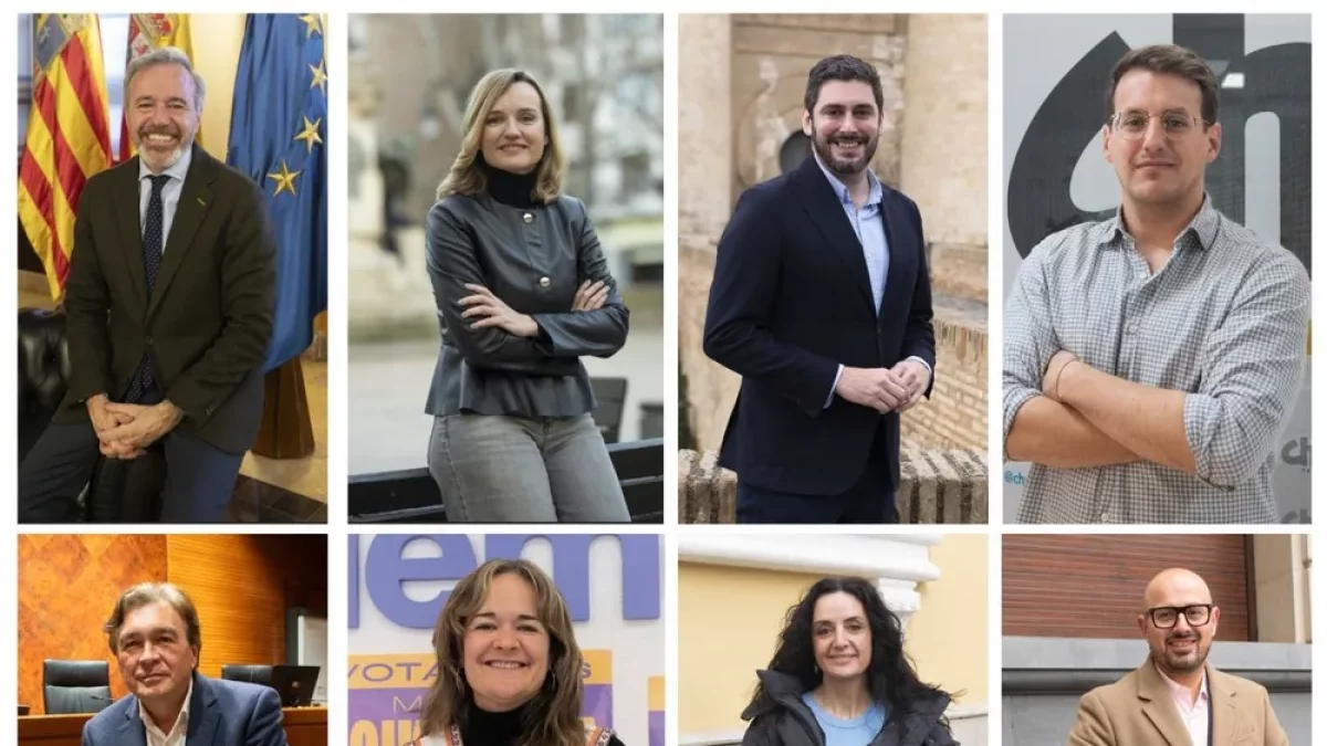 De izquierda a derecha y de arriba abajo los candidatos: Jorge Azcón (PP), Pilar Alegría (PSOE), Alejandro Nolasco (Vox), Jorge Pueyo (CHA), Tomás Guitarte (Aragón Existe), María Goicoechea (Podemos), Marta Abengochea (IU-Sumar), Alberto Izquierdo (PAR). - EUROPA PRESS
