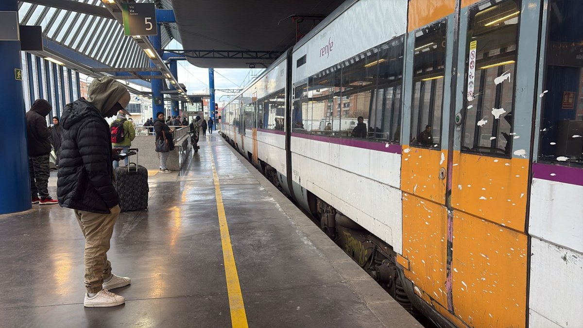 Un tren Rodalies aturat a l'estació de Lleida aquest dilluns a primera hora del matí.