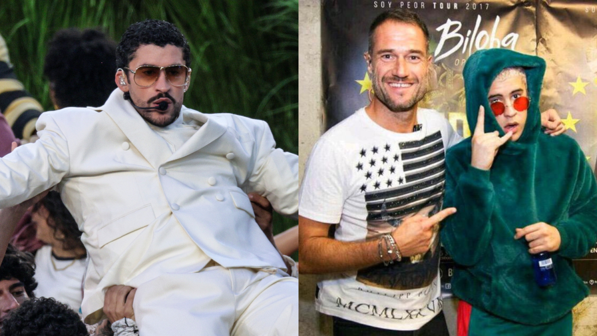 A l'esquerra, Bad Bunny durant la seua actuació de la mitja part de la Super Bowl LX. A la dreta, el mateix Bad Bunny el 28 de setembre del 2017, la primera vegada que actuava a Lleida, juntament amb Xavi Bosch, CEO de Bonöbo.