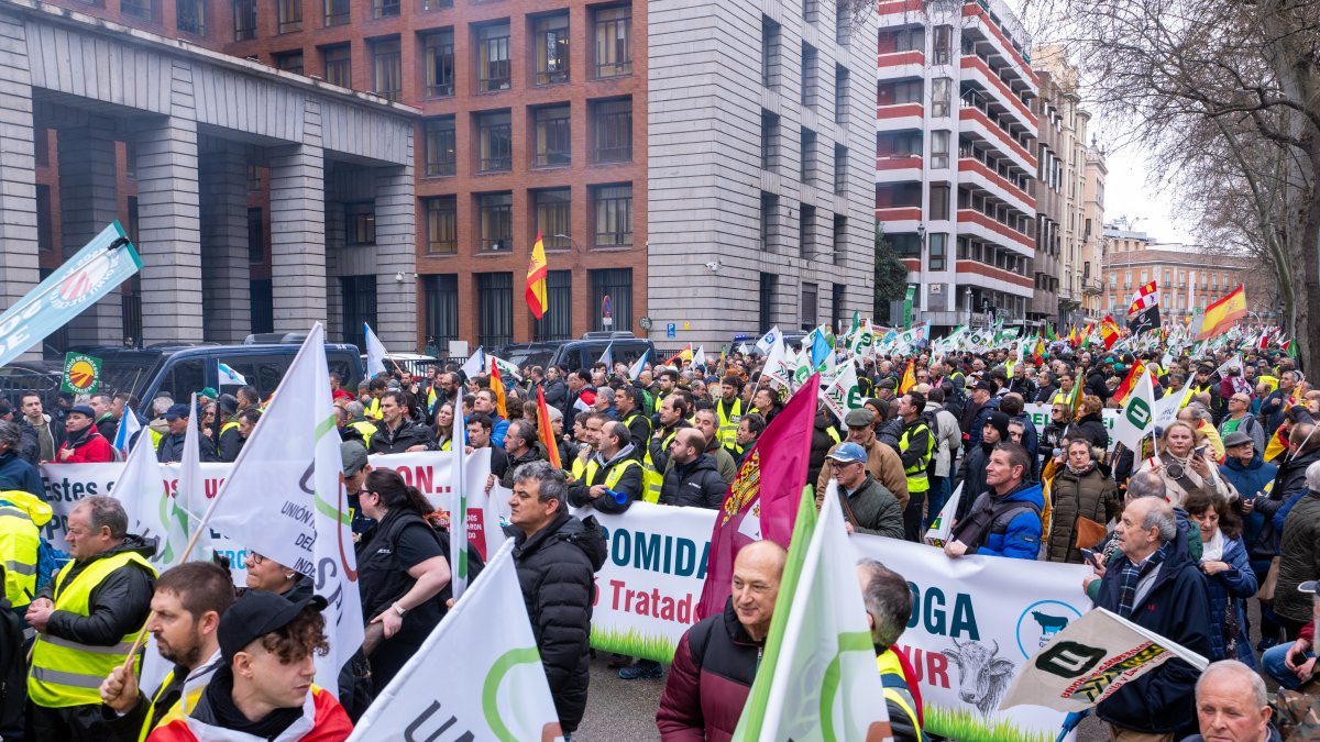 Manifestants marxen des del Paseo del Prado fins el Ministeri d’Agricultura convocats per Unió d’Unions d’Agricultors i Ramaders i la Unió Nacional d’Associacions del Sector Primari Independents (Unaspi)